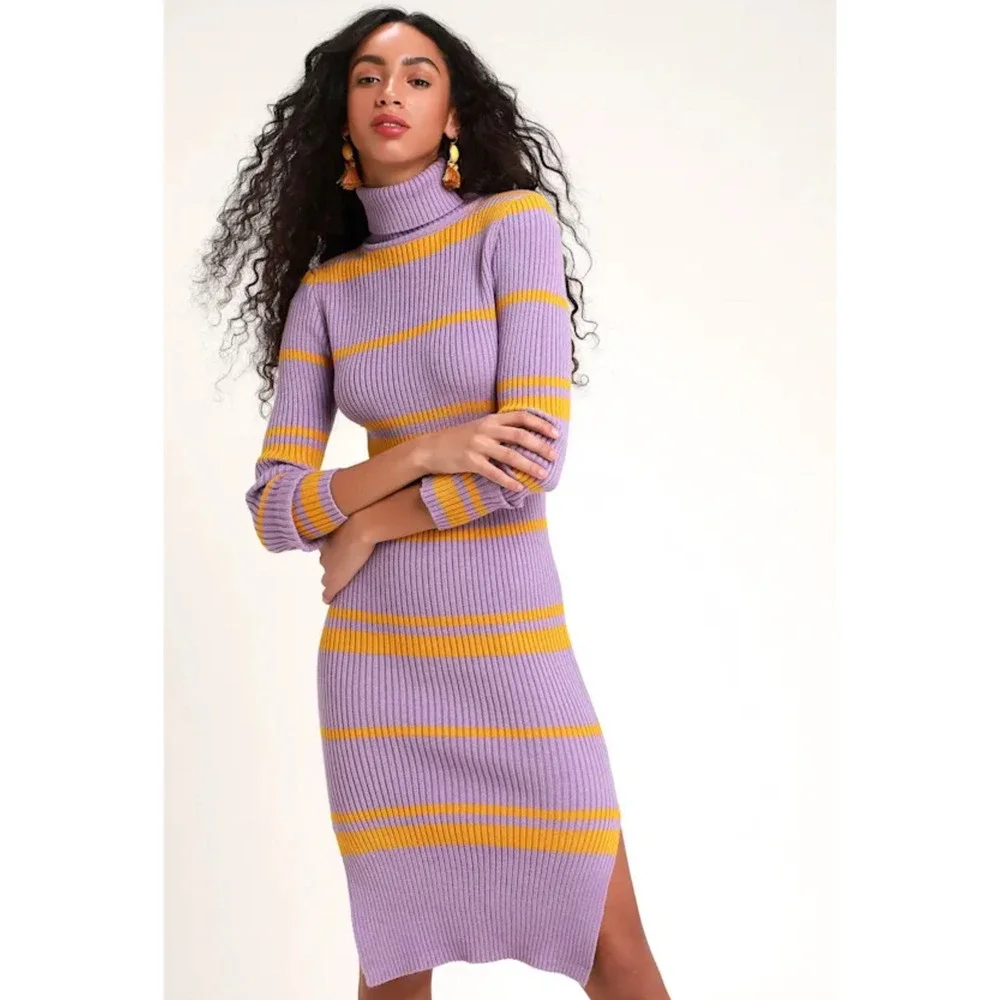 Moon River Turtleneck Midi Dress L Purple Yellow Striped Ribbed Retro Mod